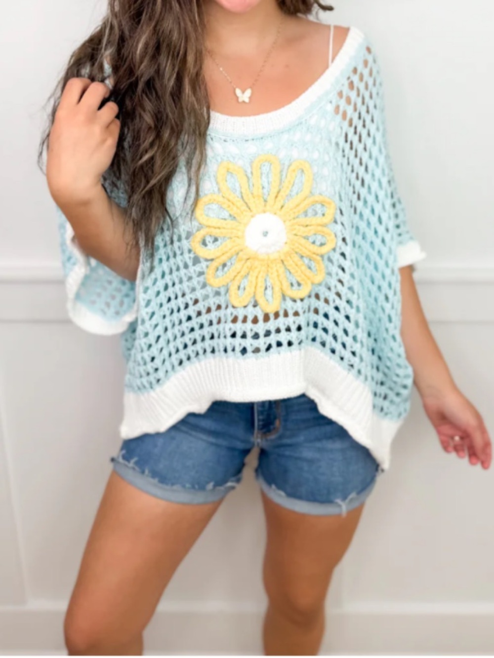 Light Blue Off-Shoulder Crochet Sweater Top with Yellow Daisy